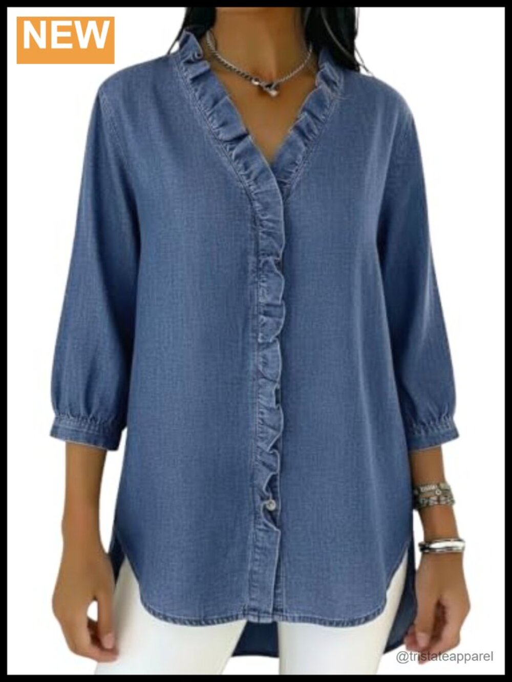 Women's Ruffle Denim Button Down Shirt V-Neck 3/4 Sleeve Cotton Jean Tunic